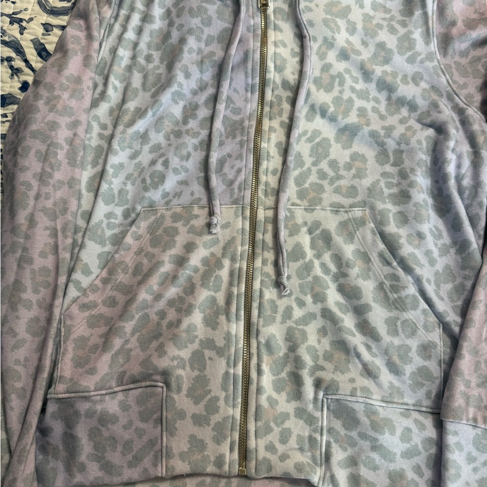 Sundry Gray and Purple Fleece Jacket with Leopard Print